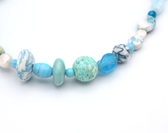 Contemporary Handmade Ceramic Vintage Upcycled Bead Choker Necklace Turquoise Blue Baby Blue Aqua White Sterling Silver