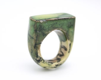 Contemporary Statement Ceramic Ring,  Green, Yellow, Stoneware, Sculptural, Organic Shape.