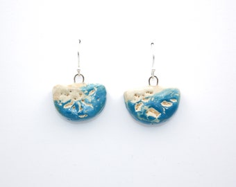 Contemporary Statement Ceramic Earrings, Blue, Turquoise, Cream, Sea, Handmade, Dangle Earring, sterling silver.