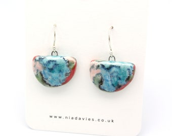 Contemporary Ceramic Dangle Earrings, Aqua, Turquoise, Blue, Green,  Red, Multi Coloured, Graffiti, Sterling Silver