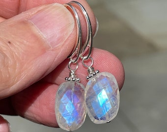 Moonstone Earrings, Sterling Silver Leverback Earrings, Blue Flash June Birthstone Gift for Her