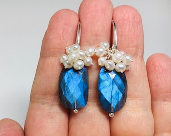 Labradorite Pearl Cluster Earrings, Sterling Silver Lever back Earrings, Blue Drop Earrings, Birthday Gift for Her