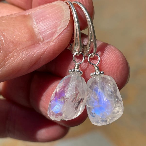 Moonstone Earrings, Sterling Silver Leverback Earrings, Blue Flash June Birthstone Gift for Her