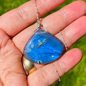 Blue Flash Labradorite Pendant Necklace: Sterling Silver Chain, Handmade