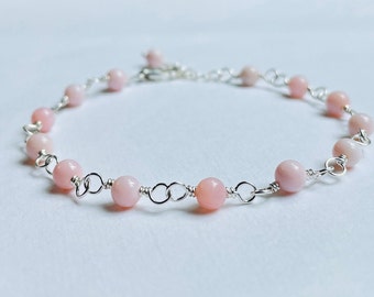 Pink Opal Bracelet, Dainty Sterling Silver Stacking Bracelet, October Birthstone Gift for Women