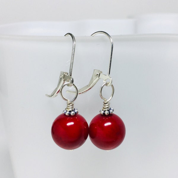 Red Coral Earrings, Sterling Silver Leverback Earrings, Dangle & Drop Earrings, Earrings for Women and Girls, Birthday Gift for Her