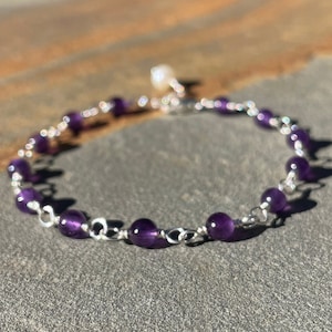 Amethyst Bracelet, February Birthstone Gift, Dainty Sterling Silver Stacking Bracelet, Birthday Gift for Women