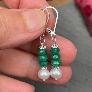 Emerald Pearl Sterling Silver Dangle Earrings: May Birthstone