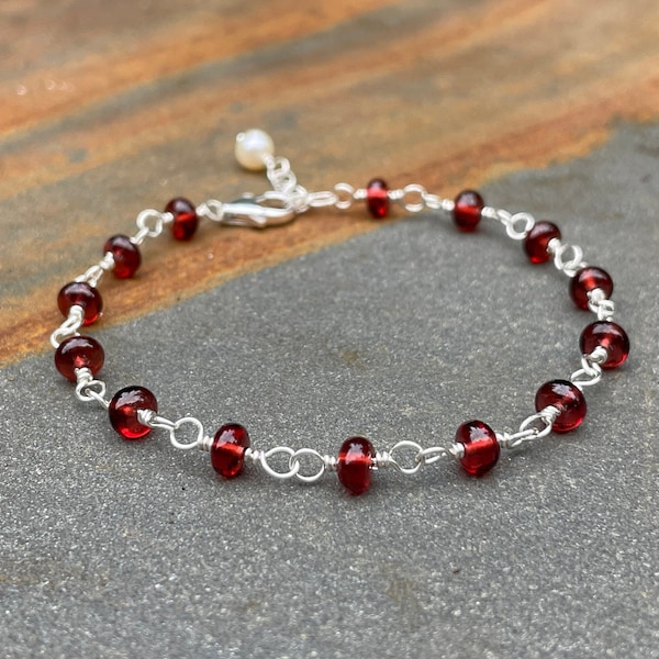 Garnet Bracelet, Red Sterling Silver Stacking Bracelet, January Birthstone Mother's Day Gift