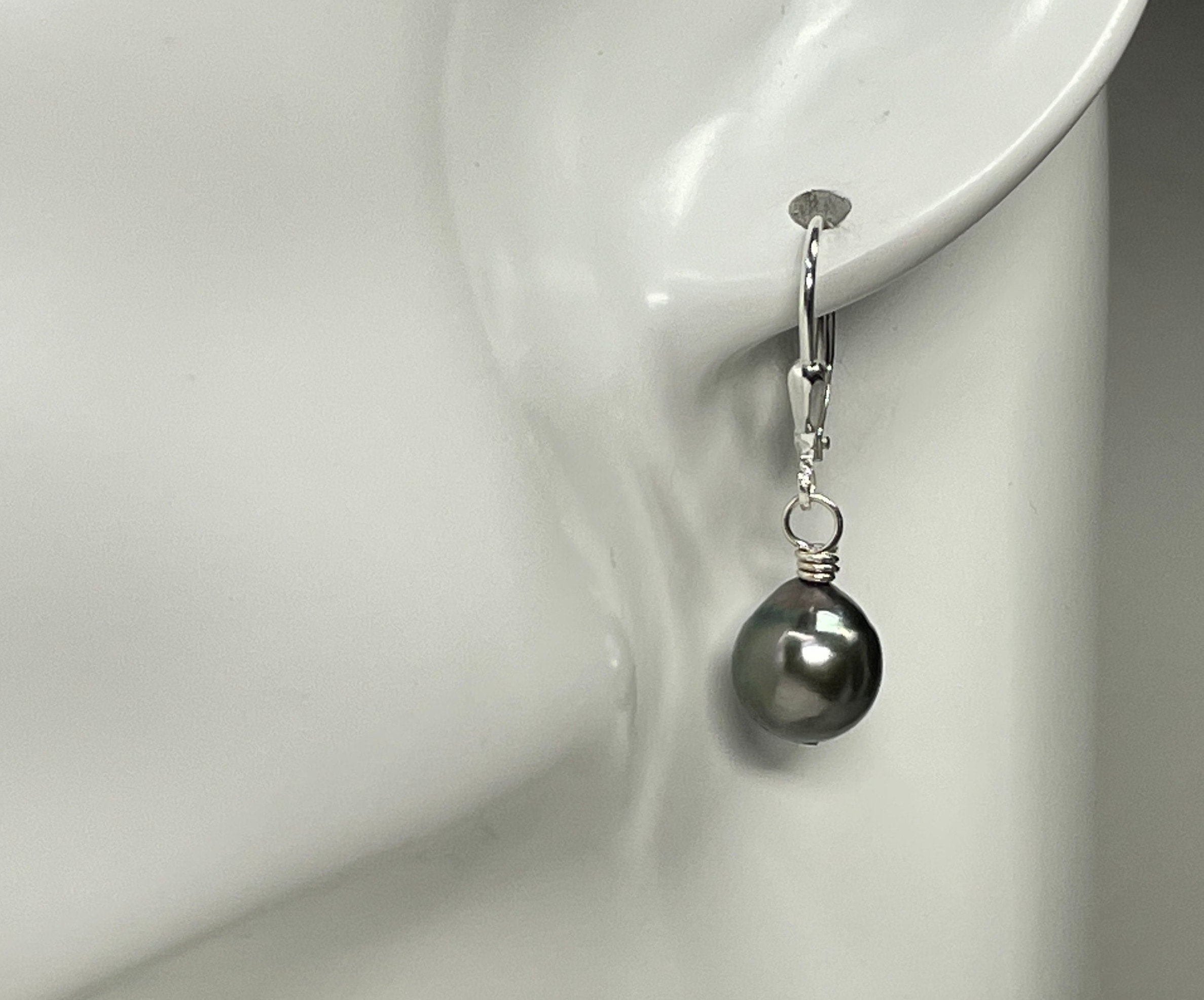 13mm Tahitian Black South Sea Pearls & Diamonds 18K Solid White Gold Earrings Handmade Bridal Maid Dangle Drop Party Cocktail Wedding Bride