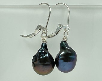 Baroque Pearl Earrings, Sterling Silver Leverback Earrings, Peacock Dangle & Drop Earrings, June Birthstone Gift for Her