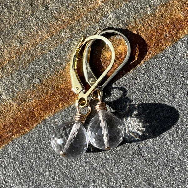 Crystal Quartz Drop Earrings: Gold or Sterling Silver, April Birthstone