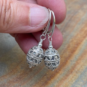 Sterling Silver Bali Leverback Earrings: Oxidized Granular Design
