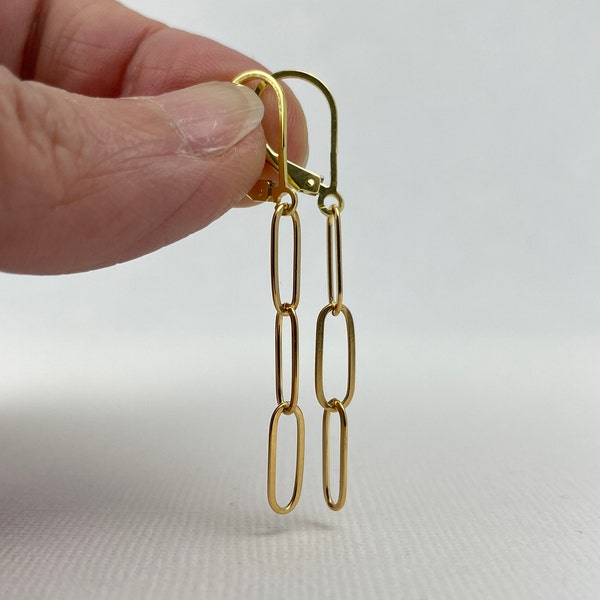 Paperclip Earrings in Gold, Dangle & Drop Lever Back or French Hook Earrings, Birthday Gift for Women