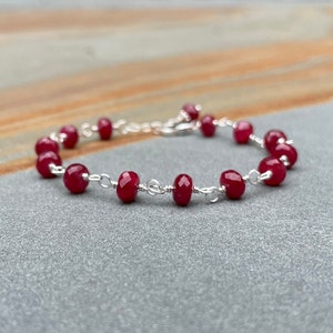 Ruby Bracelet in Sterling Silver, Red Gemstone Stacking Bracelet, July Birthstone Gift for Her