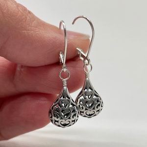 Sterling Silver Charm Earrings, Tear Drop Filigree Dangle and Drop Earrings, Birthday Gift for Her