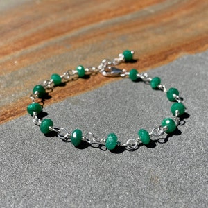 Emerald Sterling Silver Bracelet: May Birthstone Rondelle Gemstone Jewelry