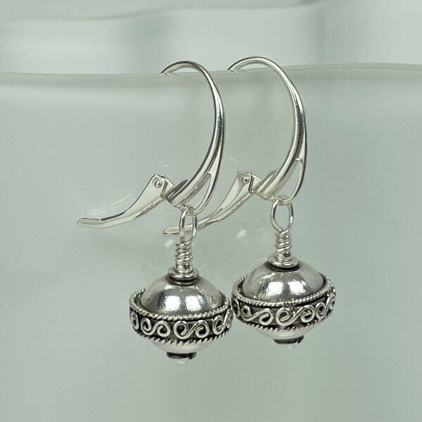 Sterling Silver Bali Bead Leverback Earrings