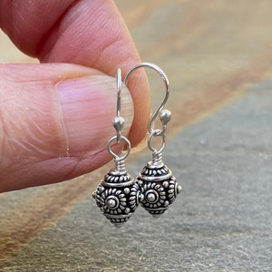 Oxidized Sterling Silver Dangle Earrings: Dot Swirl Bali Beads