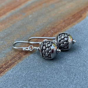 Oxidized Sterling Silver Dangle Earrings: Bali Basket Weave Beads