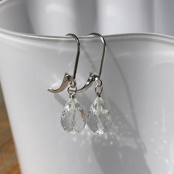 Sterling Silver White Topaz Earrings, Glam Dangle Leverback Drops