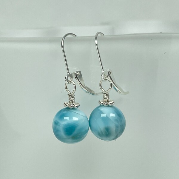 Reserved for Wenwei: Larimar Earrings, Sterling Silver Leverback Earrings, 10 mm Dangle & Drop Earrings, Birthday Gift for Her