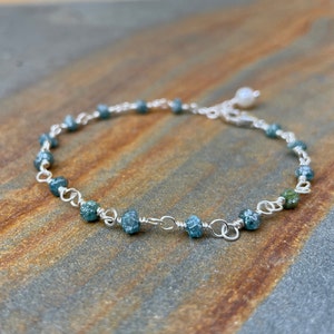 Raw Diamond Bracelet, Raw Gemstone Jewelry, April Birthstone Gift, Dainty Sterling Silver Blue Stone Bracelet, Mother's Day Gift