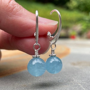 Aquamarine Leverback Earrings: Sterling Silver Dangle, March Birthstone