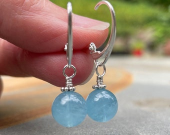 Aquamarine Earrings, Sterling Silver Leverback Earrings, Dangle & Drop March Birthstone Earrings for Women and Girls, Mother's Day Gift