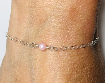 Minimalist Pink Opal Bracelet, Sterling Silver October Birthstone Gift for Her, Dainty Stacking Bracelet