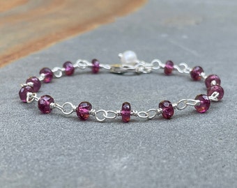 Garnet Bracelet, January Birthstone Jewelry, Sterling Silver Stacking Bracelet, Birthday Gift for Women