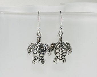 Turtle Earrings, Sterling Silver Dangle & Drop Charm Earrings, Amphibian Birthday Gift for Women