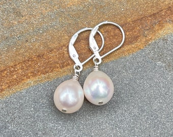 White Pearl Earrings, Sterling Silver LeverBack Earrings, Birthday Gift for Women, Dainty Dangle & Drop Earrings, June Birthstone Gift