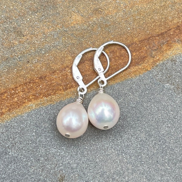 White Pearl Earrings, Sterling Silver LeverBack Earrings, Birthday Gift for Women, Dainty Dangle & Drop Earrings, June Birthstone Gift