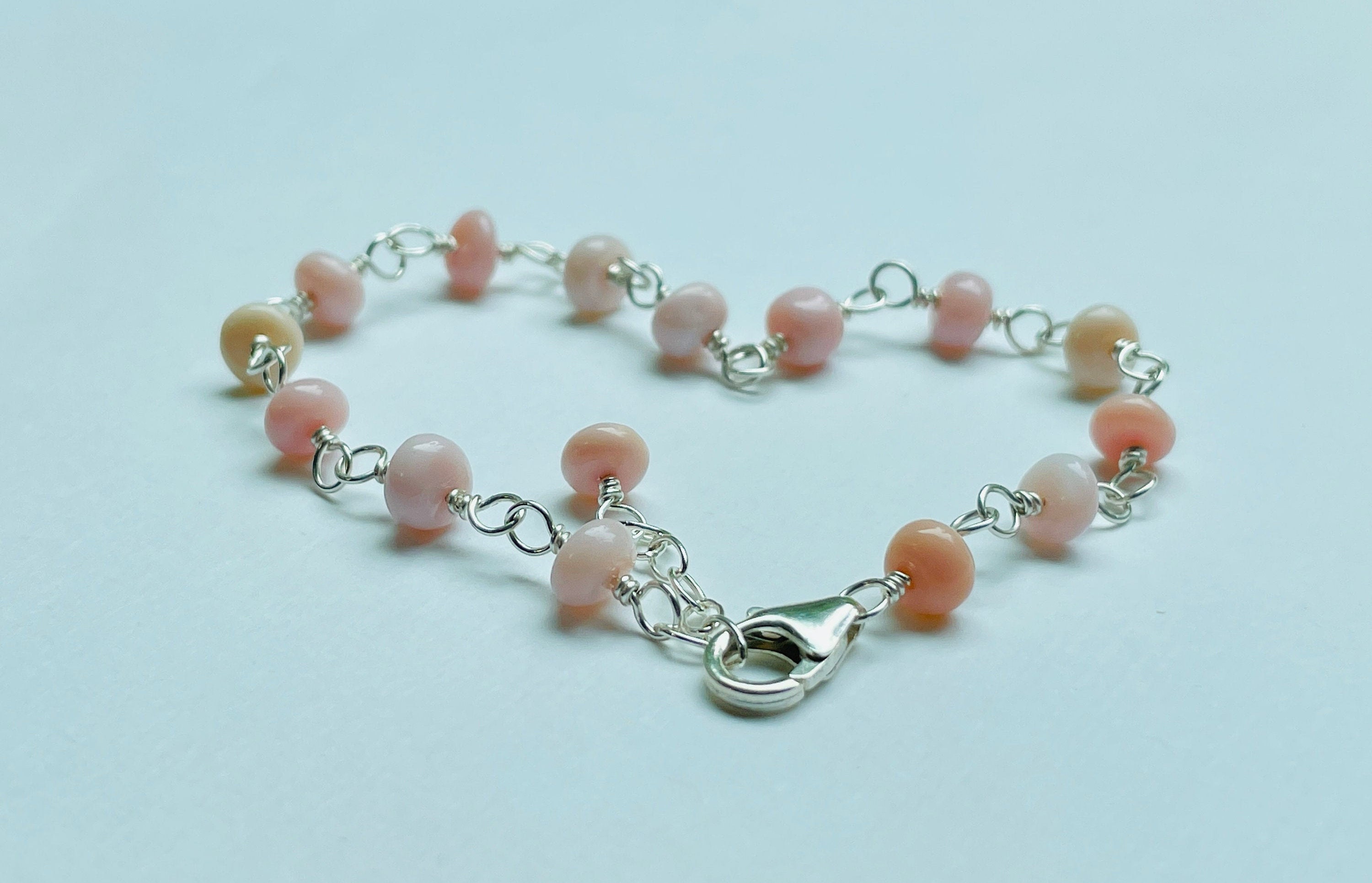 October Birthstone Pink Opal Bracelet Set, Dainty Sterling Silver Stacking Bracelets For Women Gift Box / 6.5-7