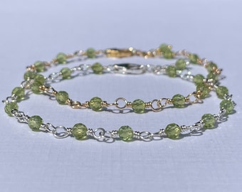 Peridot Bracelet, Minimalist Sterling Silver or Gold Bracelet, Dainty Green Stacking Bracelet, August Birthstone Birthday Gift for Women