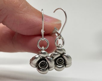 Silver Flower Earrings, Birthday Gift for Her, Hill Tribe Silver Earrings, Dainty Flower Charm Earrings