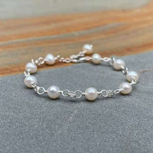 Pearl Bracelet, Sterling Silver Stacking Bracelet, June Birthstone Gift, Sterling Silver Pearl Jewelry