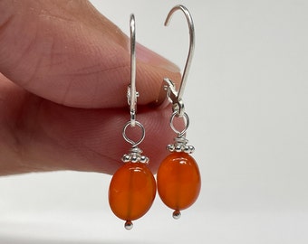 Carnelian Earrings, Sterling Silver Leverback Dangle & Drop Earrings, Dainty Orange Earrings, Birthday Gift for Her