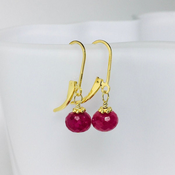 Ruby Earrings, Gold Lever Back Dangle & Drop Earrings, July Birthstone Earrings, Red Ruby Minimalist Earrings, Birthday Gift for Women