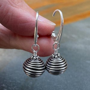 Oxidized Sterling Silver Leverback Earrings: Spiral Bali Beads