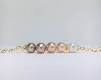 Freshwater Pearl Bar Necklace, Long Gemstone Bar Multi Color Necklace, June Birthstone Necklace for Girlfriend or Yourself