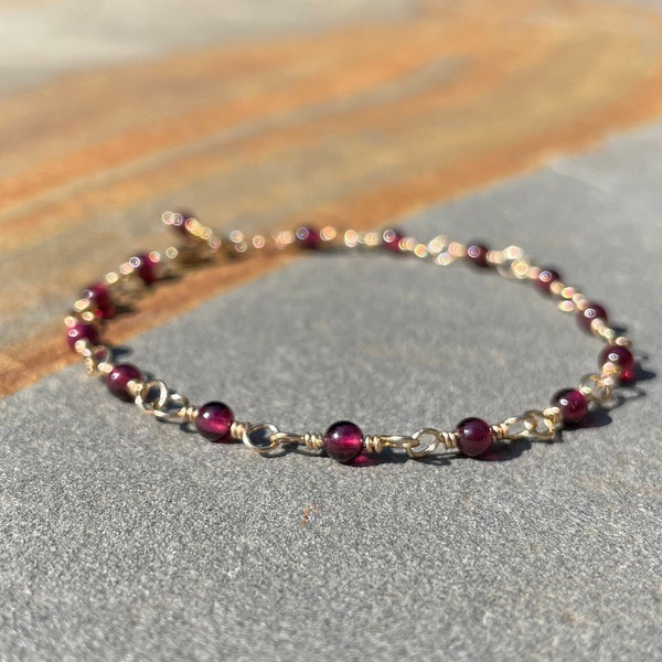 Garnet Bracelet, Red Stacking Bracelet for Her, Minimalist January Birthstone Bracelet, Birthday Gift for Women