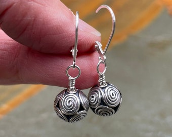 Sterling Silver Ball Earrings with Swirl Pattern, Birthday Gift for Girlfriend, Great for Everyday wear