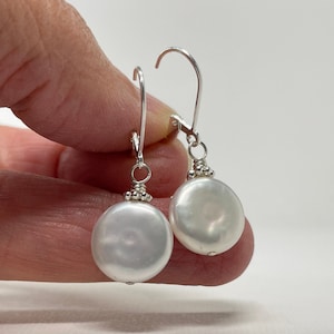 Coin Pearl Earrings, Sterling Silver Leverback Earrings, June Birthstone Gift for Her, Birthday Gift