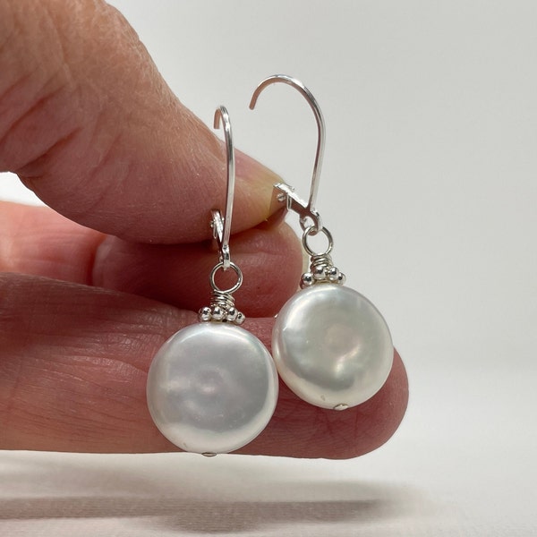 Coin Pearl Earrings, Sterling Silver Leverback Earrings, June Birthstone Gift for Her, Birthday Gift