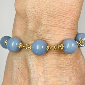 Angelite Gold Bracelet, Stone Chain Bracelet, Blue Ball Bracelet, Birthday Gift for Her