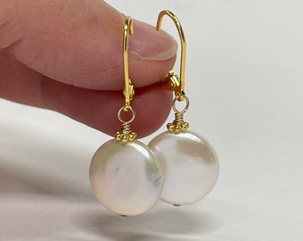 Coin Pearl Earrings, Freshwater Pearl Earrings in Gold, June Birthstone Jewelry, Birthday Gift for Her