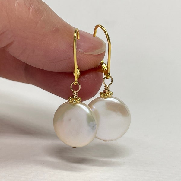 Coin Pearl Earrings, Freshwater Pearl Earrings in Gold, June Birthstone Jewelry, Birthday Gift for Her