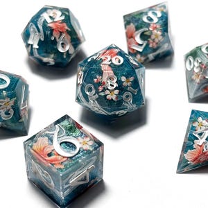 Juego de dados poliédricos de 7 piezas con borde afilado "Flowwater Flow- Fish", Dungeons and Dragons, dados de rol, D&D, DnD